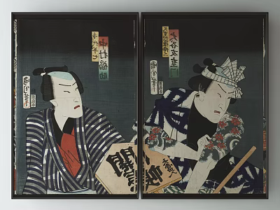 Traditional Japanese Ukiyo e Woodblock Prints With Kabuki Figures In Attire 3d model