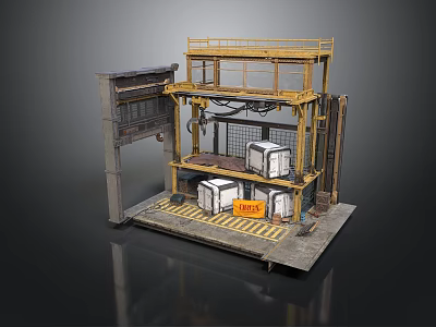 Industrial Construction Structure With Yellow Metal Frame Multi Level Platform And Striped Floor 3d model