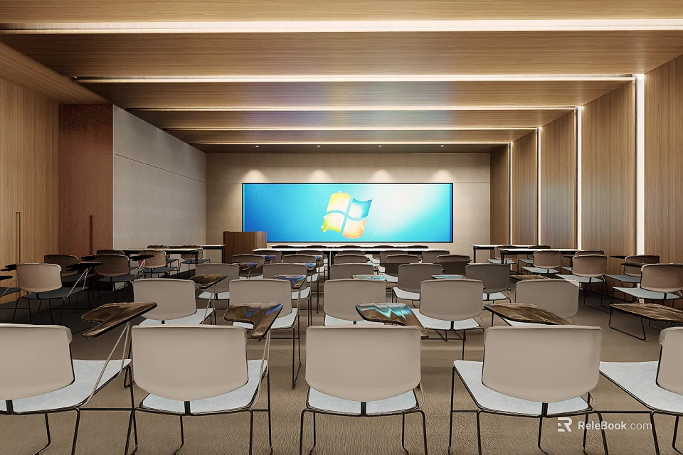 Modern Conference Room Interior With Large Windows Logo Screen And Arranged Tables Chairs 3d model 