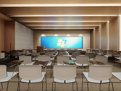 Modern Conference Room Interior With Large Windows Logo Screen And Arranged Tables Chairs 3d model