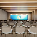 Modern Conference Room Interior With Large Windows Logo Screen And Arranged Tables Chairs