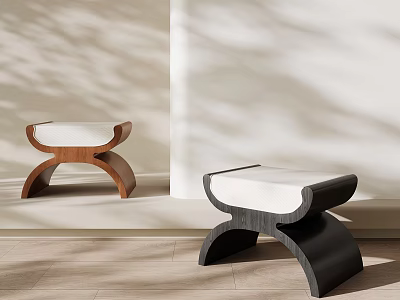 Modern Wooden Stools With Curved Legs And White Padded Seats In Brown And Black 3d model