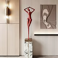 Red Human Figure Sculpture On Marble Base In Modern Interior Featuring Wooden Wall Decorative Painting