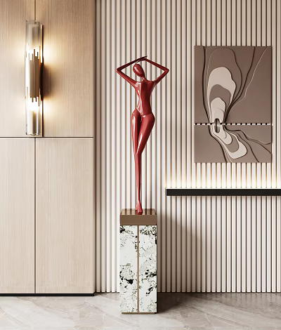Red Human Figure Sculpture On Marble Base In Modern Interior Featuring Wooden Wall Decorative Painting 3d model