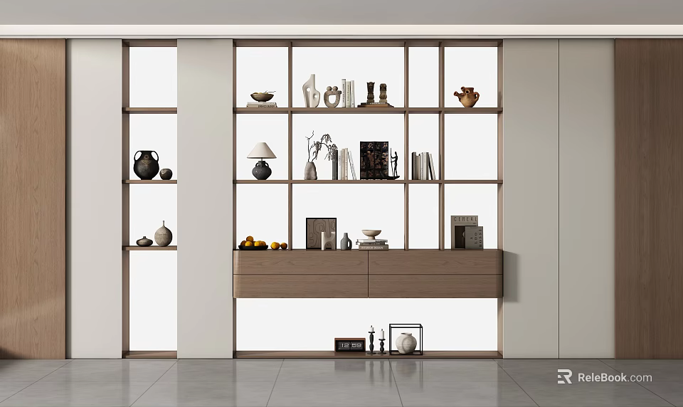 Modern Storage Cabinets With Glass Doors And Open Shelves Displaying Decorative Items And Vases 3d model 