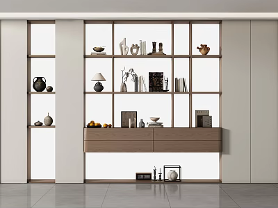 Modern Storage Cabinets With Glass Doors And Open Shelves Displaying Decorative Items And Vases 3d model