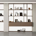 Modern Storage Cabinets With Glass Doors And Open Shelves Displaying Decorative Items And Vases