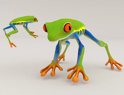 Two Vibrant Green Aquatic Animals With Red Eyes Blue Legs And Orange Toes 3d model Two Vibrant Green Aquatic Animals With Red Eyes Blue Legs And Orange Toes 3d model