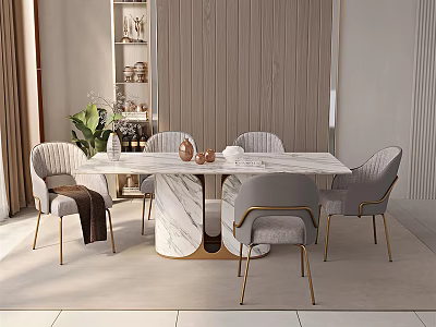 Elegant Modern Dining Table Set With Marble Top Upholstered Chairs Decorative Shelf And Potted Plant 3d model