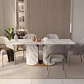 Elegant Modern Dining Table Set With Marble Top Upholstered Chairs Decorative Shelf And Potted Plant