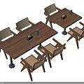 Two Wooden Dining Table Set With Light Upholstered Chairs And Decorative Items 3d model