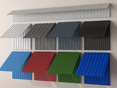 Corrugated Metal Roof Panels in Multiple Colors Arranged on Display Wall 3d model