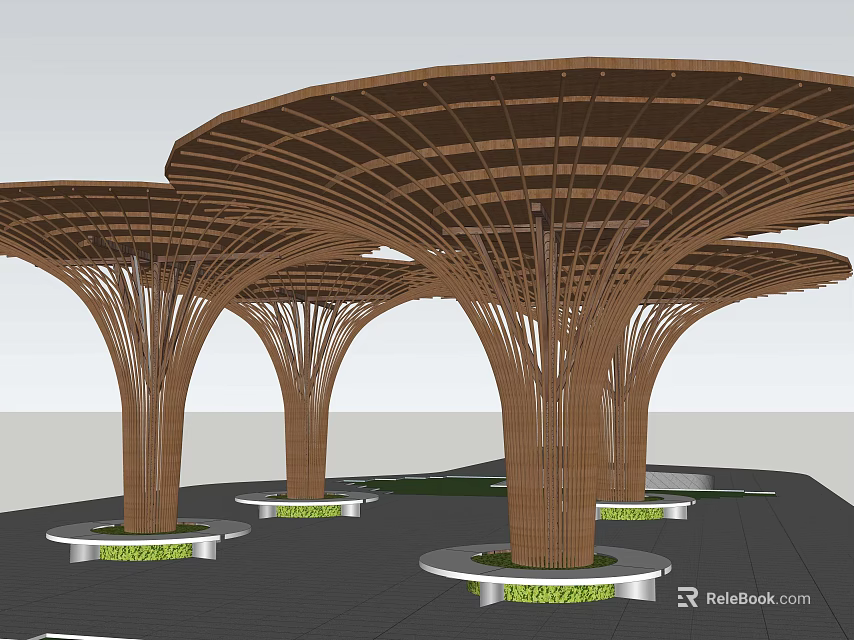 Wooden Mushroom Shaped Pergola With Multiple Columns And Green Base Design 3d model 