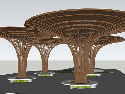 Wooden Mushroom Shaped Pergola With Multiple Columns And Green Base Design 3d model
