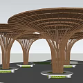Wooden Mushroom Shaped Pergola With Multiple Columns And Green Base Design