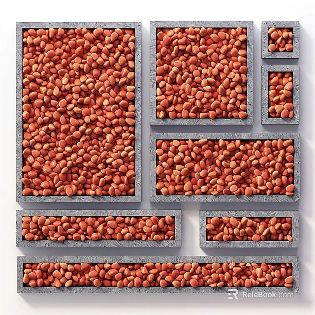 Gray Stone and Wood Rectangular Boxes Filled with Red Nuts Neatly Arranged on White Background 3d model 