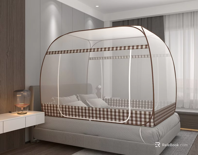 Modern Double Bed With Checkered Canopy Mosquito Net In Cozy Bedroom Interior 3d model 