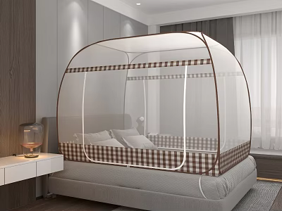 Modern Double Bed With Checkered Canopy Mosquito Net In Cozy Bedroom Interior 3d model