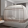 Modern Double Bed With Checkered Canopy Mosquito Net In Cozy Bedroom Interior
