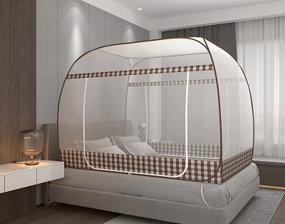 Modern Double Bed With Checkered Canopy Mosquito Net In Cozy Bedroom Interior 3d model