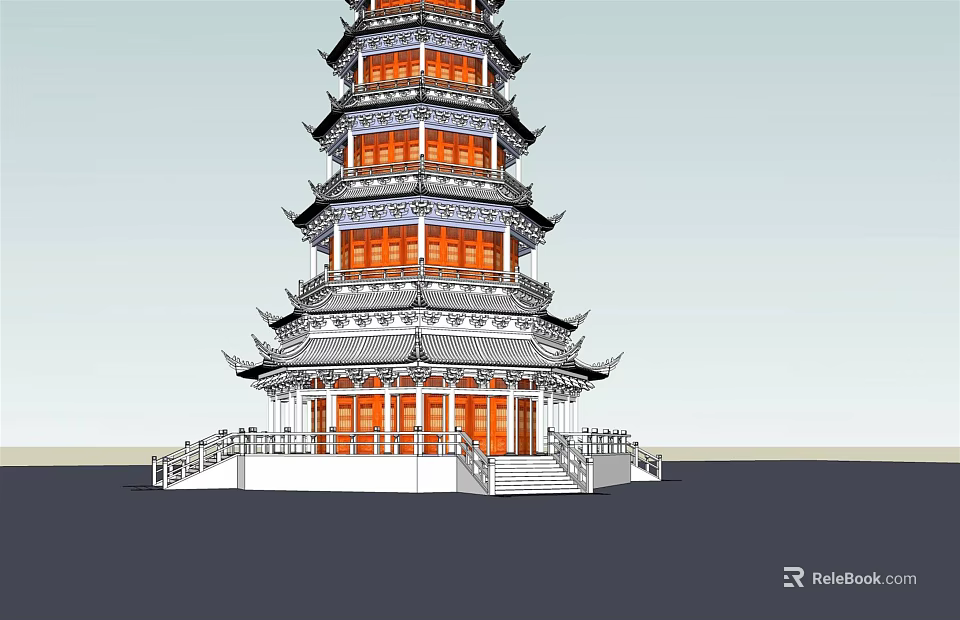 Chinese Traditional Multi tiered Pagoda with Ornamental Details Windows and Base Platform Railing 3d model 