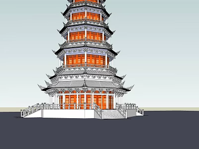 Chinese Traditional Multi tiered Pagoda with Ornamental Details Windows and Base Platform Railing 3d model