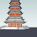 Chinese Traditional Multi tiered Pagoda with Ornamental Details Windows and Base Platform Railing