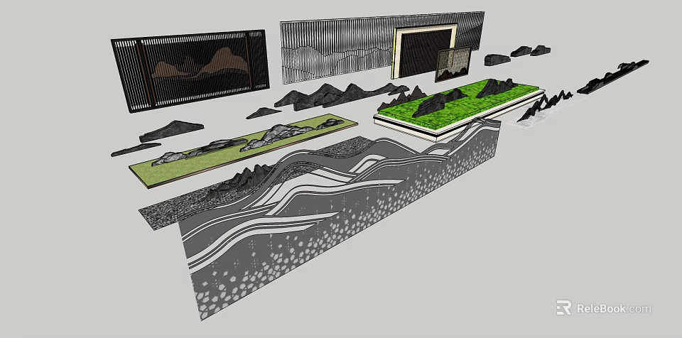 Creative Landscape Wall Design With Mountain Patterns Greenery And Lattice Elements 3d model 