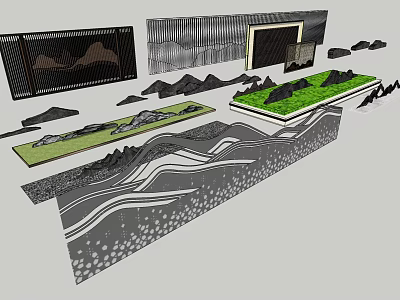 Creative Landscape Wall Design With Mountain Patterns Greenery And Lattice Elements 3d model