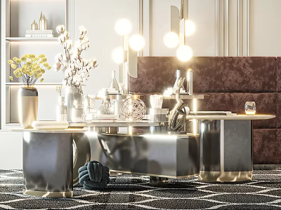 Modern Shiny Coffee Table With Vase Flowers Decorative Items And Brown Sofa In Living Room 3d model