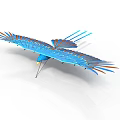 Blue Bird Model with Orange and Blue Feathers Spreading Wings in Flight on White Background