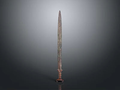 Ancient Bronze Sword Sculpture with Intricate Carvings on Rustic Blade Standing on Display Base 3d model