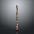 Ancient Bronze Sword Sculpture with Intricate Carvings on Rustic Blade Standing on Display Base