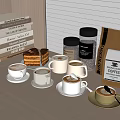 Cozy Coffee Cups with Latte and Cake Near Spice Jars Books and Window Blinds Table