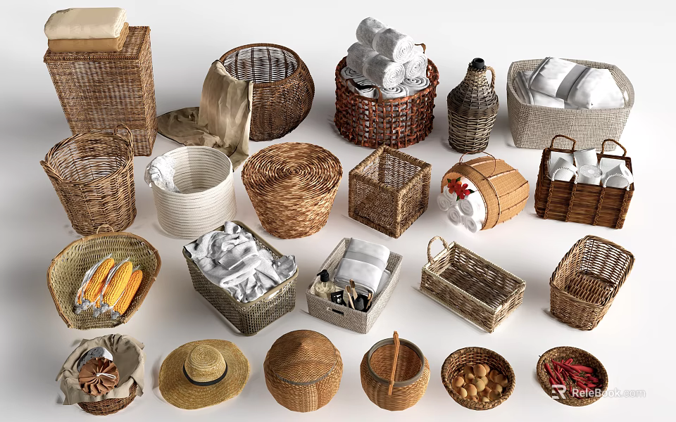 Handmade Woven Baskets and Storage Containers with Towels Corn Nuts and Decorative Items 3d model 