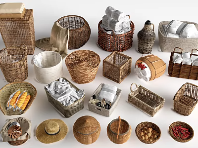 Handmade Woven Baskets and Storage Containers with Towels Corn Nuts and Decorative Items 3d model
