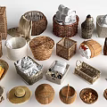 Handmade Woven Baskets and Storage Containers with Towels Corn Nuts and Decorative Items