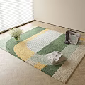 Square Rug with Green Yellow Beige Geometric Pattern White Flowers Magazines on Light Wooden Floor