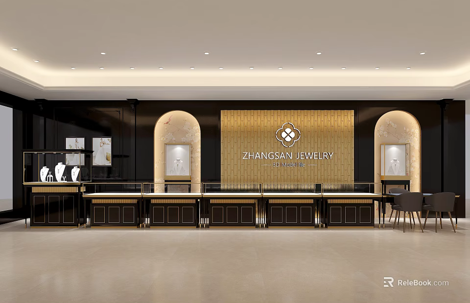 Elegant Zhengson Jewelry Interior With Golden Counters Display Cases And Soft Lighting 3d model 