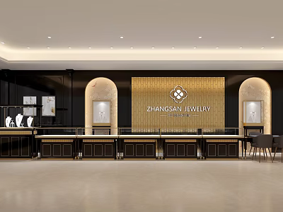 Elegant Zhengson Jewelry Interior With Golden Counters Display Cases And Soft Lighting 3d model