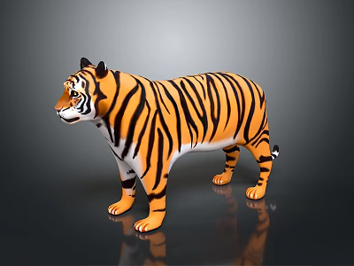 Realistic 3D Tiger Model Rendering With Orange Black Stripes Standing Pose And Ground Reflection 3d model