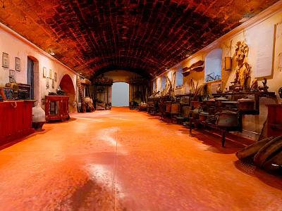 Traditional Cultural Center With Arched Ceiling Red Floor Wall Decorations And Artifacts 3d model