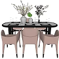 Modern Dining Table Set with Oval Marble Tabletop Pink Chairs Vase Branches and Green Plant
