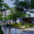 Garden Landscape Design With Lush Green Trees Stone Steps And People Resting