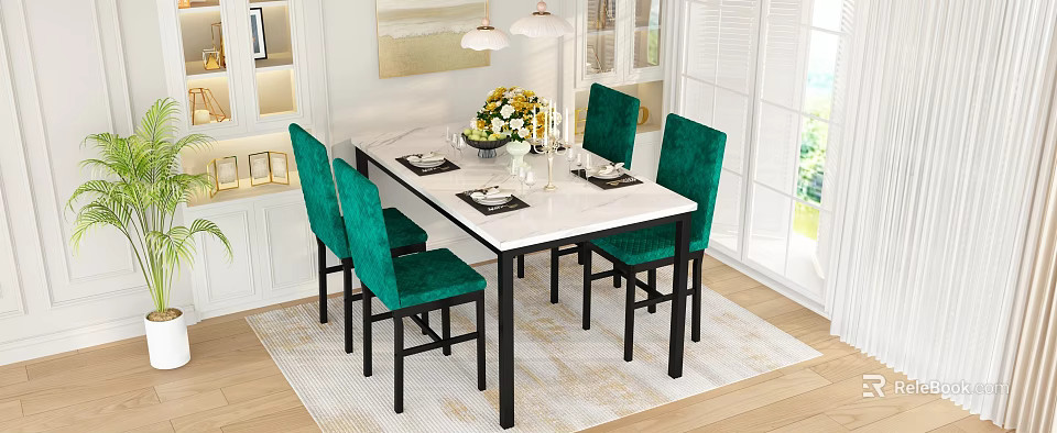 Modern Restaurant Dining Table With Green Chairs Marble Top And Flower Centerpiece 3d model 