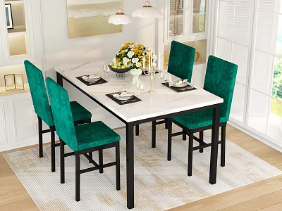 Modern Restaurant Dining Table With Green Chairs Marble Top And Flower Centerpiece 3d model
