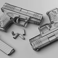Two Black Pistols With Bullets Placed On Wooden Table Surface 3d model