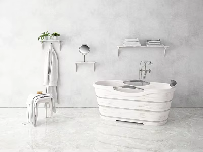 White Bathtub With Faucet In Modern Bathroom With Marble Floor Shelves Towels Plant And Mirror 3d model