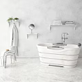 White Bathtub With Faucet In Modern Bathroom With Marble Floor Shelves Towels Plant And Mirror