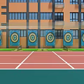 School Sports Fitness Area With Plastic Track Grass Lawn And Throwing Targets By Teaching Building